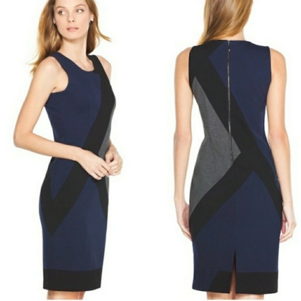 White House Black Market Navy Blue Black Gray Colorblock Sheath Dress